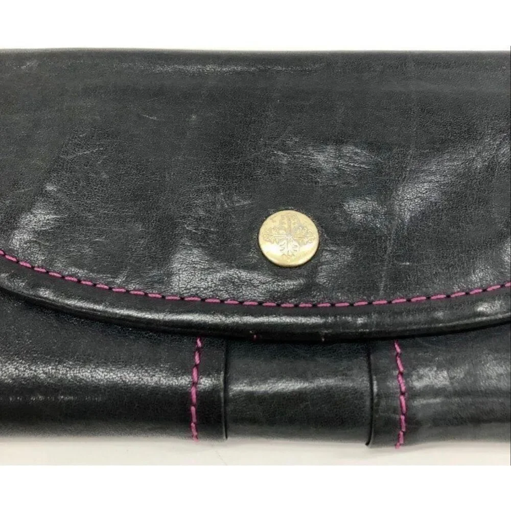 Frame Work Black Leather Long Wallet Hot Pink Contrast Stitch Accent Y2K Style